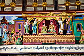 Yangon Myanmar. Shwedagon Pagoda (the Golden Stupa). Details of the panels at the sides of the  southern stairway narrating the legend of the of Shwedagon Paya. 